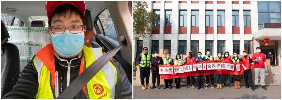 左图：10辆轿车后座和后备箱堆满了菜，出发送给社区；右图：各位志愿者协助接收消毒防护物资